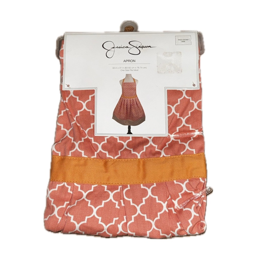 Jessica Simpson Quatrefoil Apron Coral Pink White Cotton Pleated One Size NEW